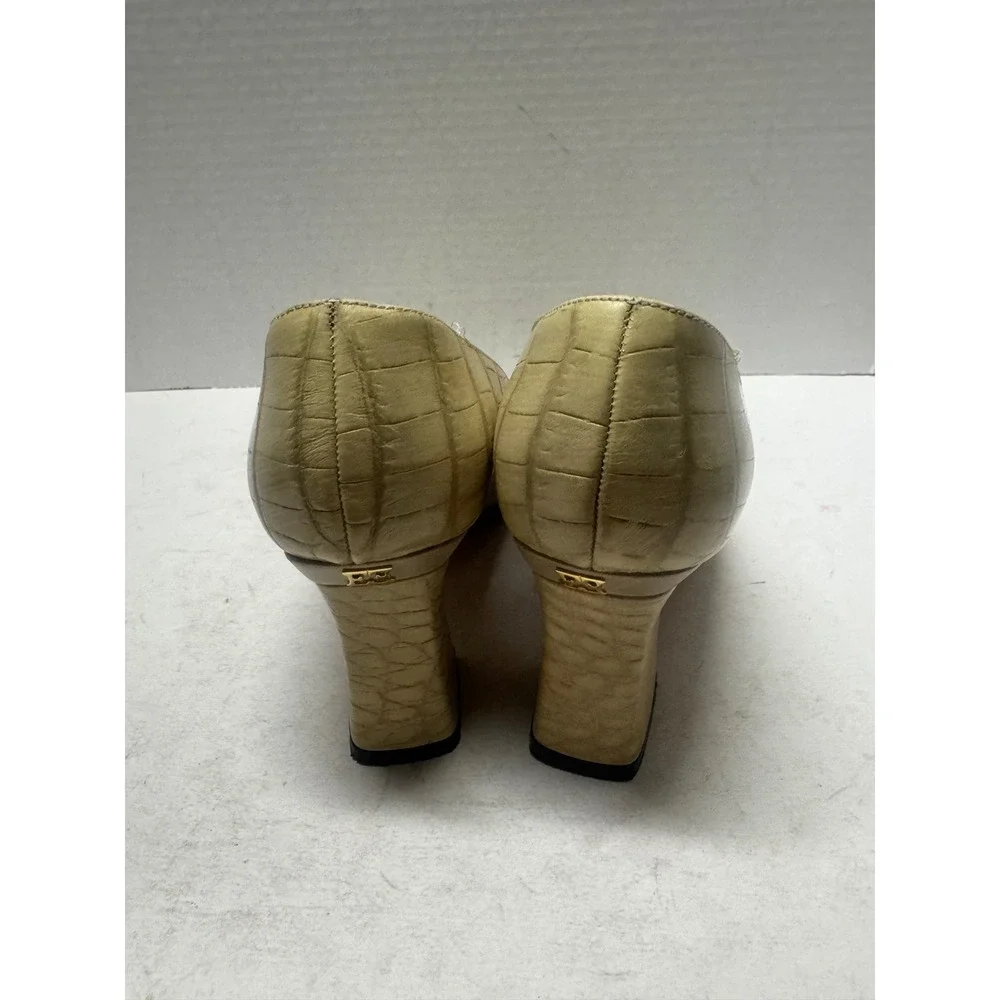 Escada Beige Croc Embossed Leather Block Heel Pumps Gold Logo Italy 36.5 6.5